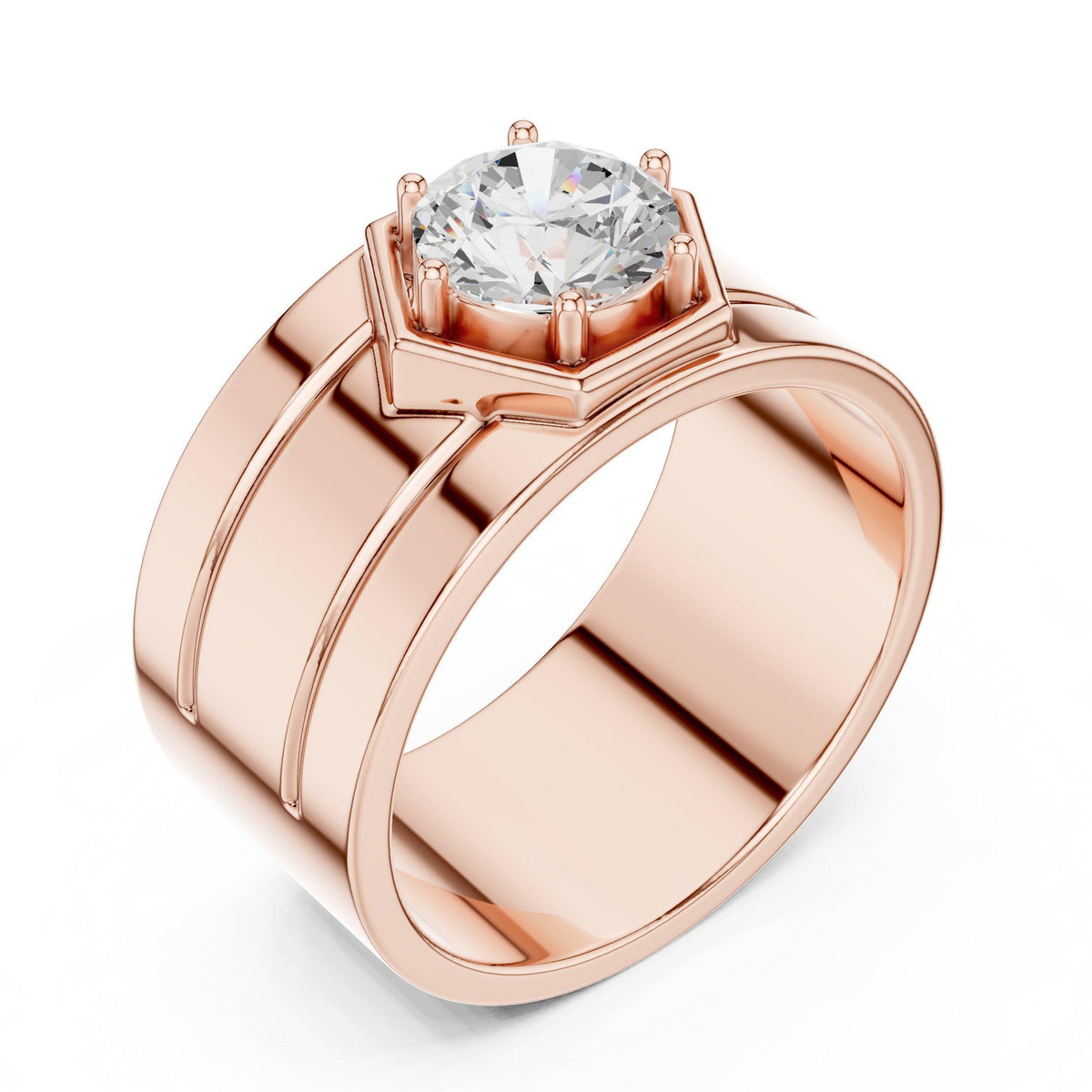 Men's Round Moissanite Ring with Hexagon Frame, Wide Band – 925 Sterling Silver, 18K Gold Vermeil
