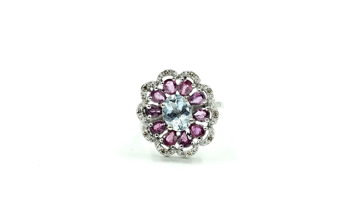 Aquamarine & Ruby Flower Halo Ring with Diamonds – 925 Sterling Silver, 18K White Gold Vermeil