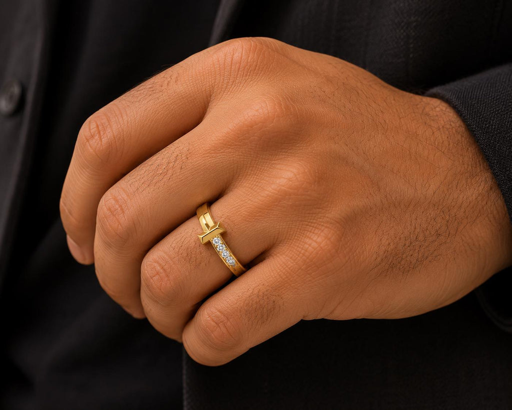 Men's T-Shaped Moissanite Ring – 925 Sterling Silver, 18K Gold Vermeil