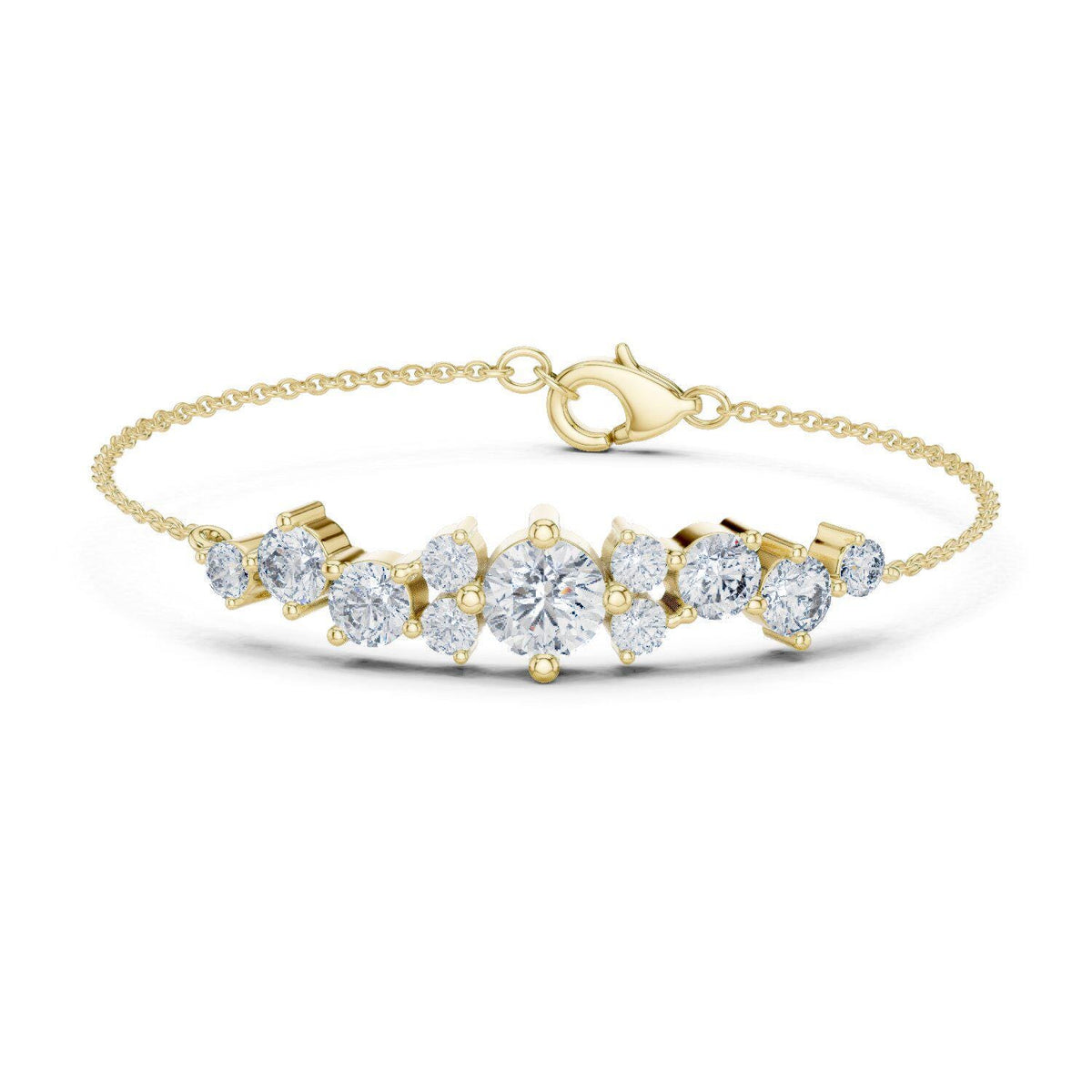 Graduated Moissanite Cluster Chain Bracelet – 925 Sterling Silver, 18K Gold Vermeil