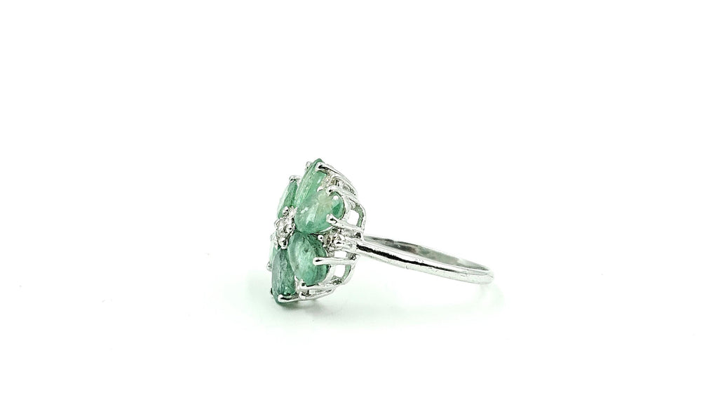 Pear Emerald Flower Ring with Diamond Centre – 925 Sterling Silver, 18K White Gold Vermeil