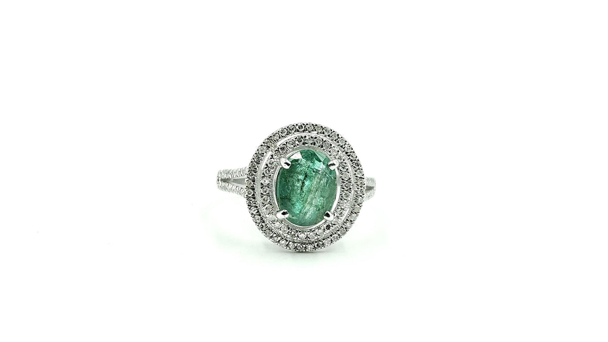 Oval Emerald Double-Halo Diamond Ring – 925 Sterling Silver, 18K White Gold Vermeil