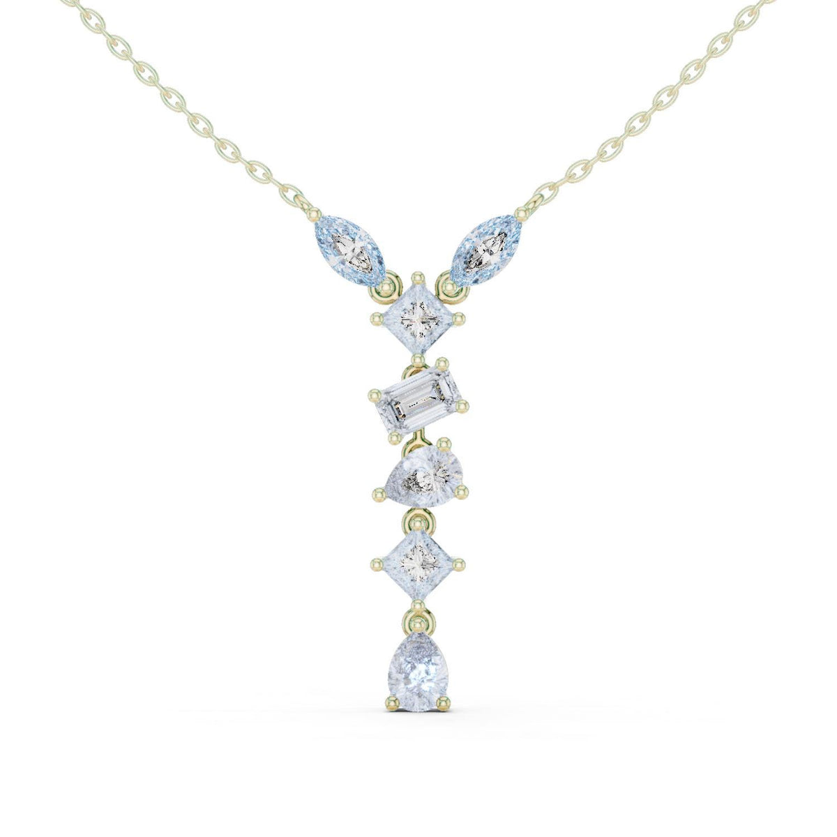 Marquise, Princess & Baguette Moissanite V-Drop Necklace – 925 Sterling Silver, 18K Gold Vermeil