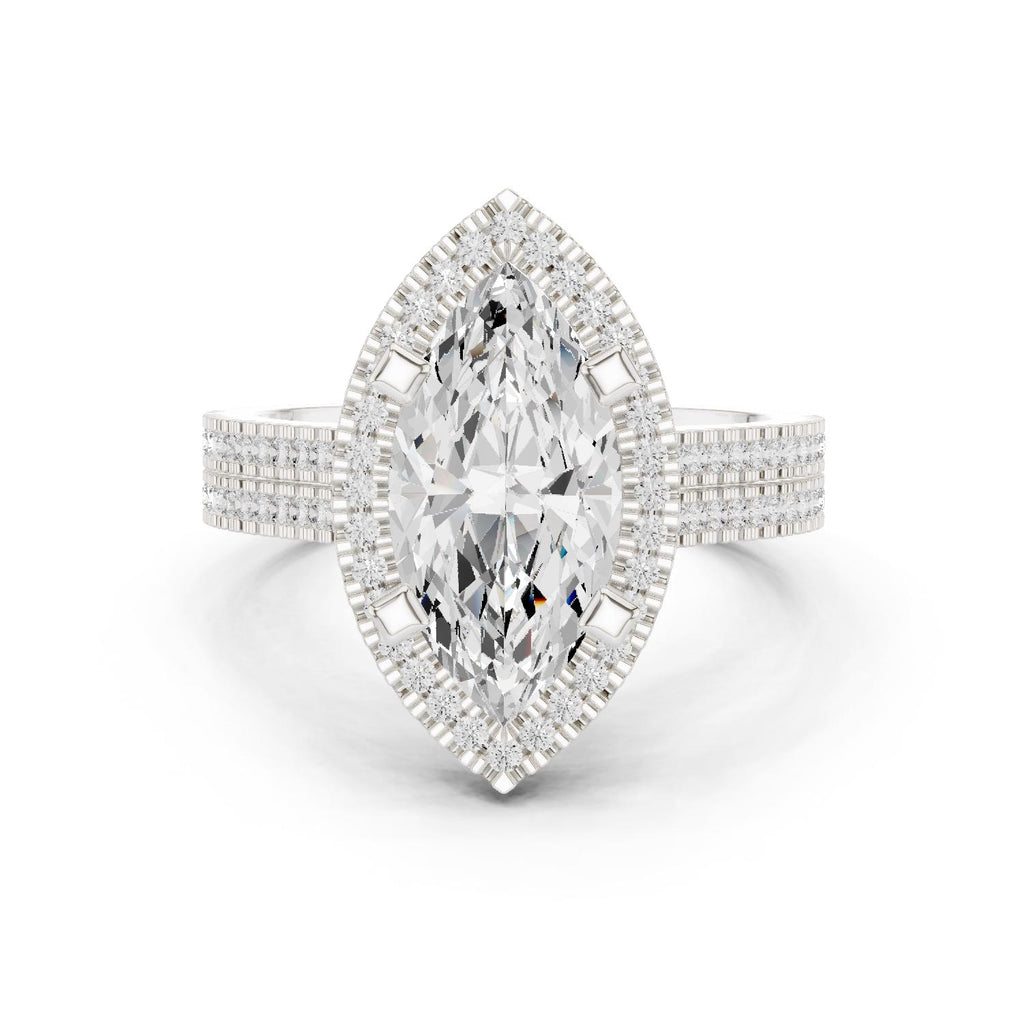 Marquise Moissanite Halo Ring with Triple-Row Pavé Band – 925 Sterling Silver, 18K Gold Vermeil