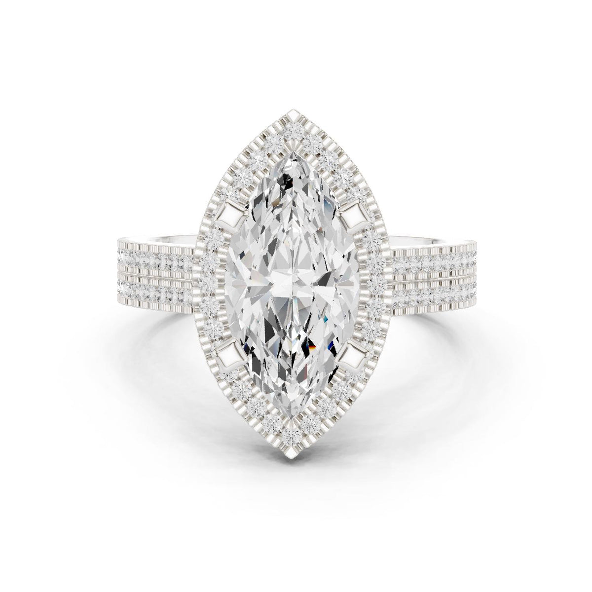 Marquise Moissanite Halo Ring with Triple-Row Pavé Band – 925 Sterling Silver, 18K Gold Vermeil