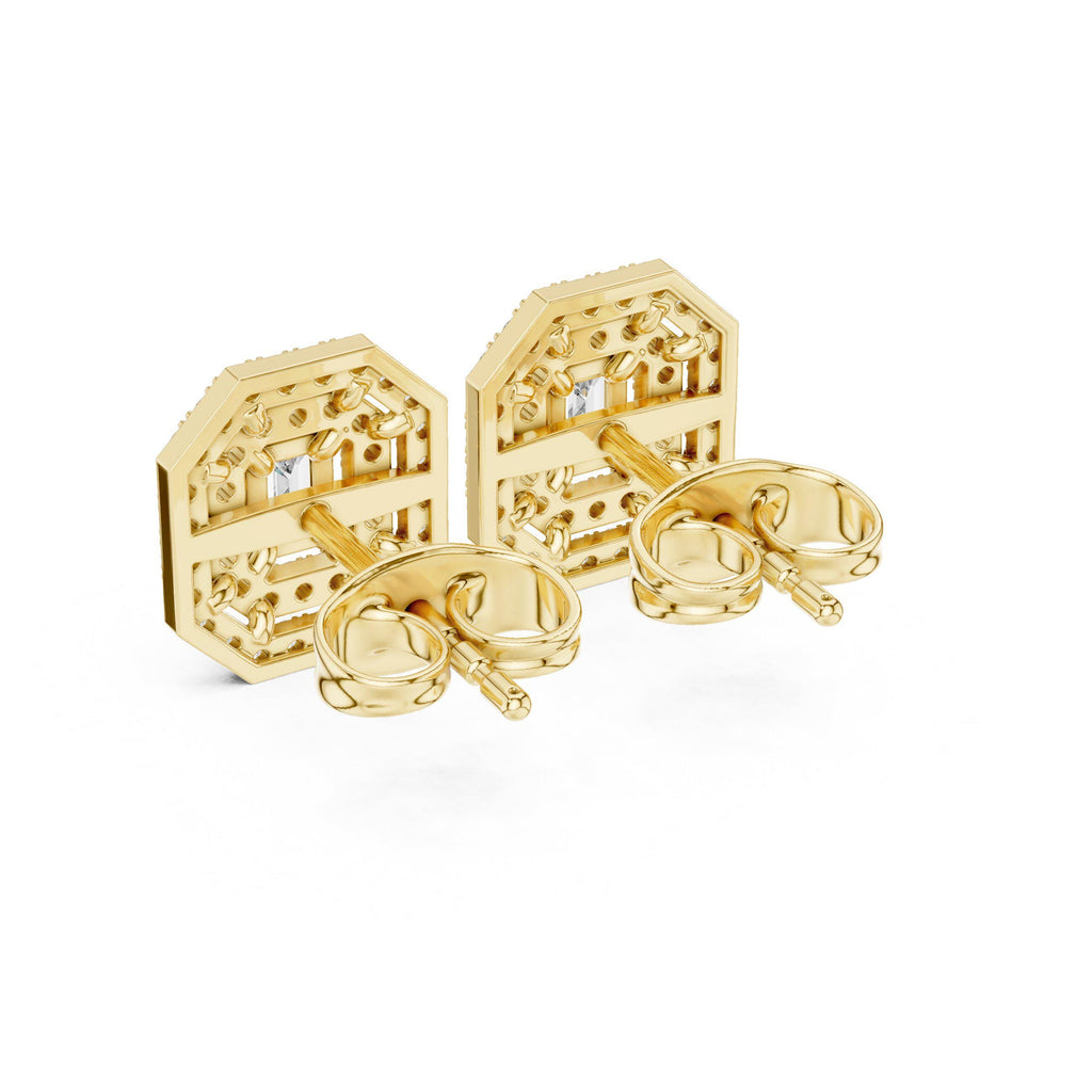 Emerald-Cut Moissanite Octagon Double-Halo Stud Earrings – 925 Sterling Silver, 18K Gold Vermeil
