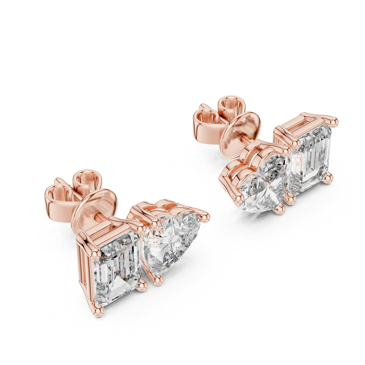 Heart & Emerald-Cut Moissanite Toi et Moi Stud Earrings – 925 Sterling Silver, 18K Gold Vermeil