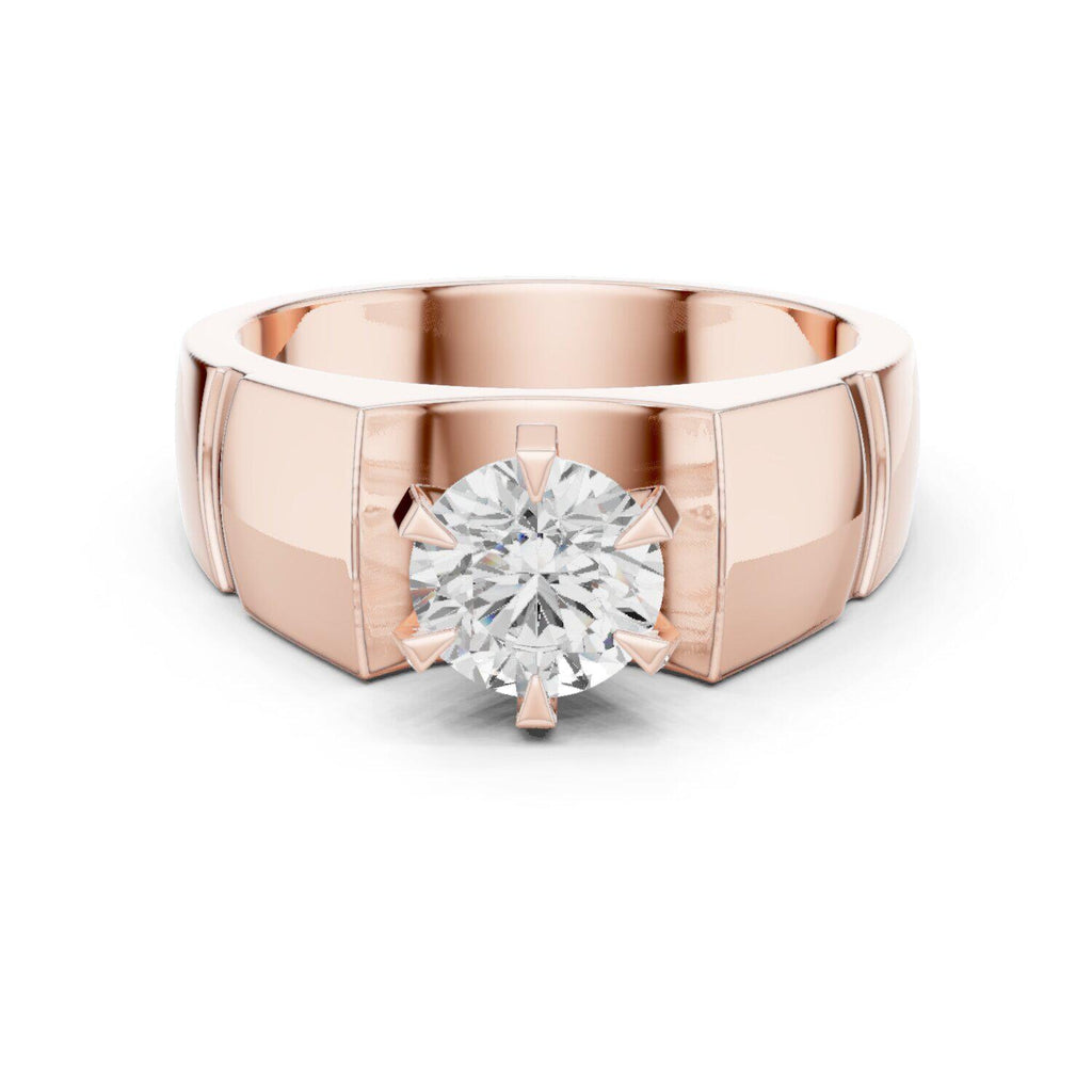 Men's Round Moissanite Ring, Angular Stepped Band – 925 Sterling Silver, 18K Gold Vermeil