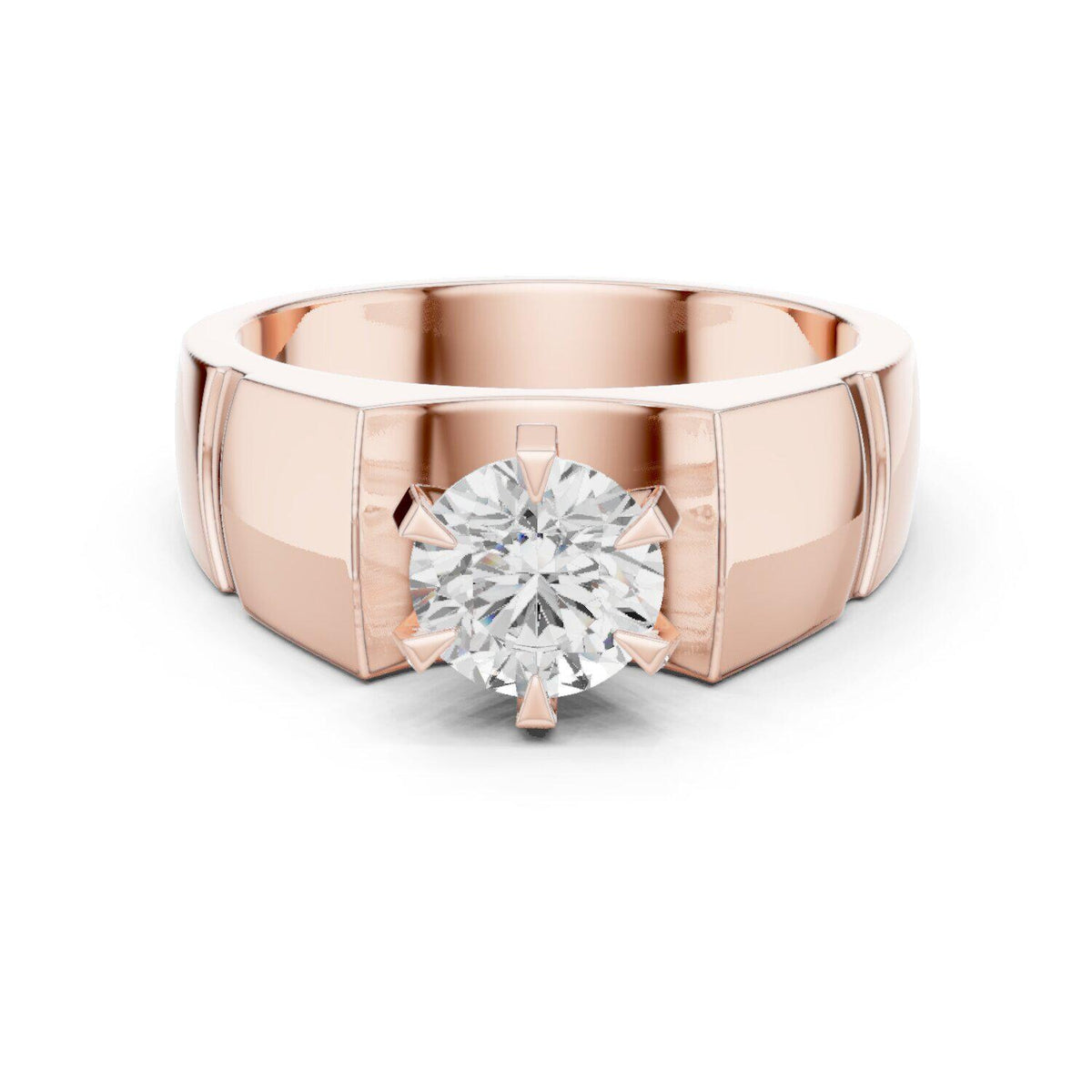 Men's Round Moissanite Ring, Angular Stepped Band – 925 Sterling Silver, 18K Gold Vermeil