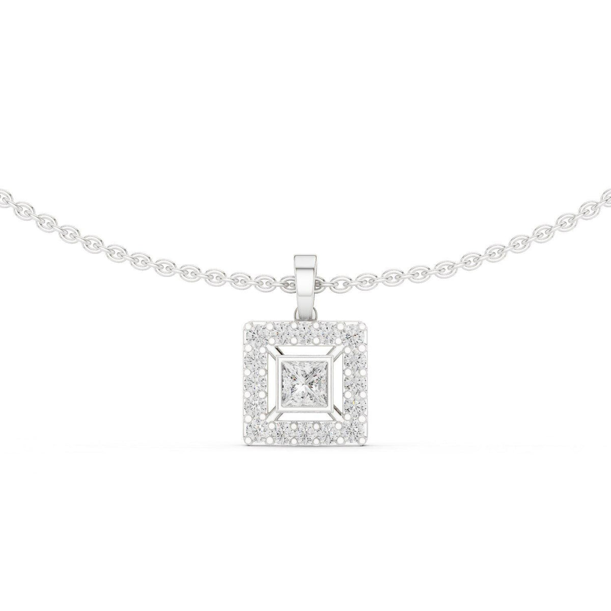 Princess Moissanite Square-Halo Pendant Necklace – 925 Sterling Silver, 18K Gold Vermeil