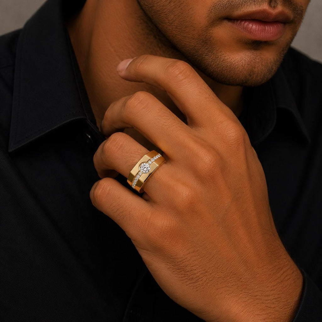 Men's Round Moissanite Ring with Channel Strip, Hexagon Top – 925 Sterling Silver, 18K Gold Vermeil