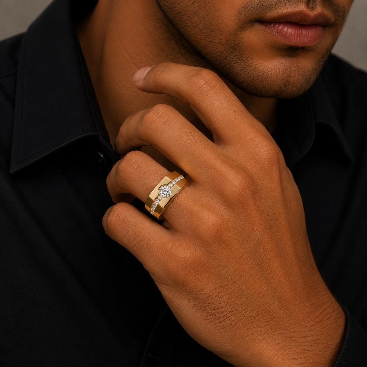 Men's Round Moissanite Ring with Channel Strip, Hexagon Top – 925 Sterling Silver, 18K Gold Vermeil