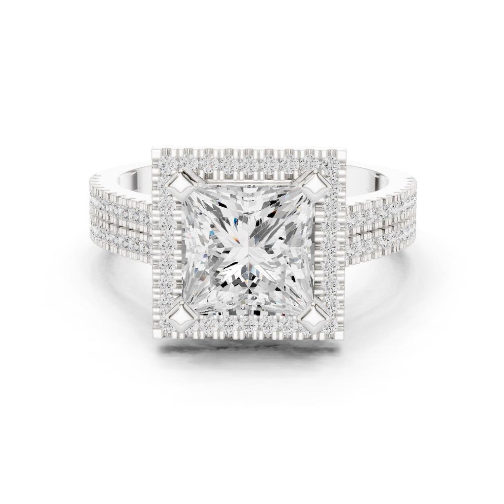 Princess-Cut Moissanite Halo Ring with Triple-Row Pavé Band – 925 Sterling Silver, 18K Gold Vermeil