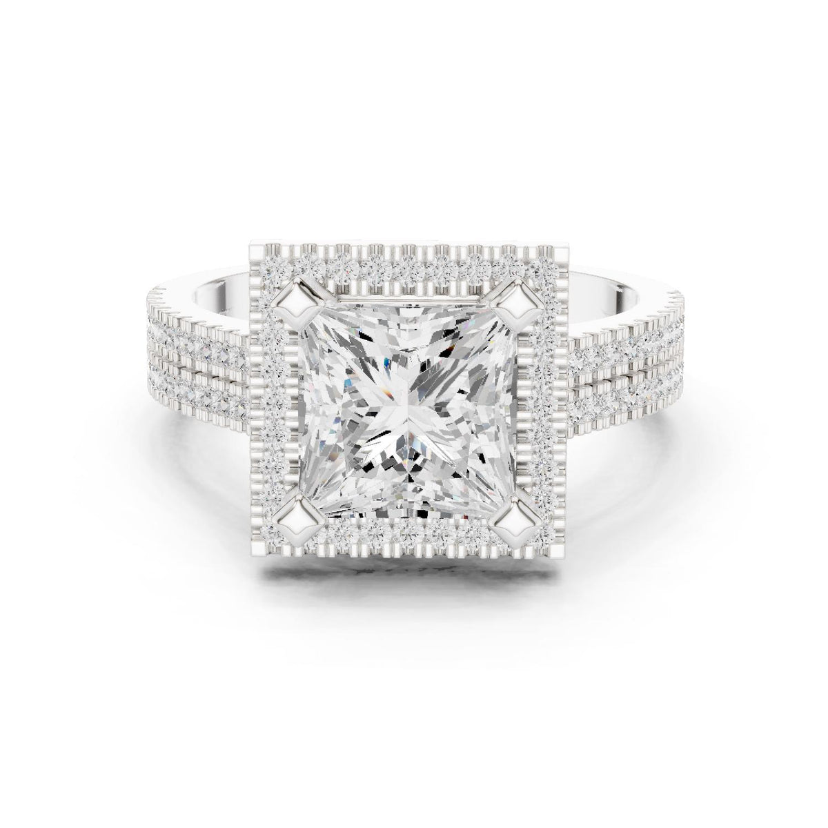 Princess-Cut Moissanite Halo Ring with Triple-Row Pavé Band – 925 Sterling Silver, 18K Gold Vermeil