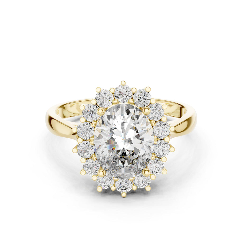 Oval Moissanite Floral Cluster Halo Ring, 7x9mm – 925 Sterling Silver, 18K Gold Vermeil