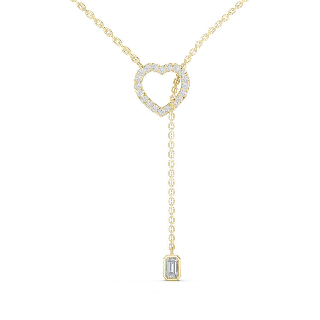 Heart Moissanite Lariat Necklace with Emerald-Cut Drop – 925 Sterling Silver, 18K Gold Vermeil