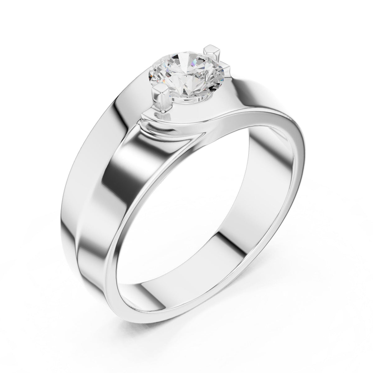 Men's Round Moissanite Ring, Tapered Wide Band – 925 Sterling Silver, 18K Gold Vermeil
