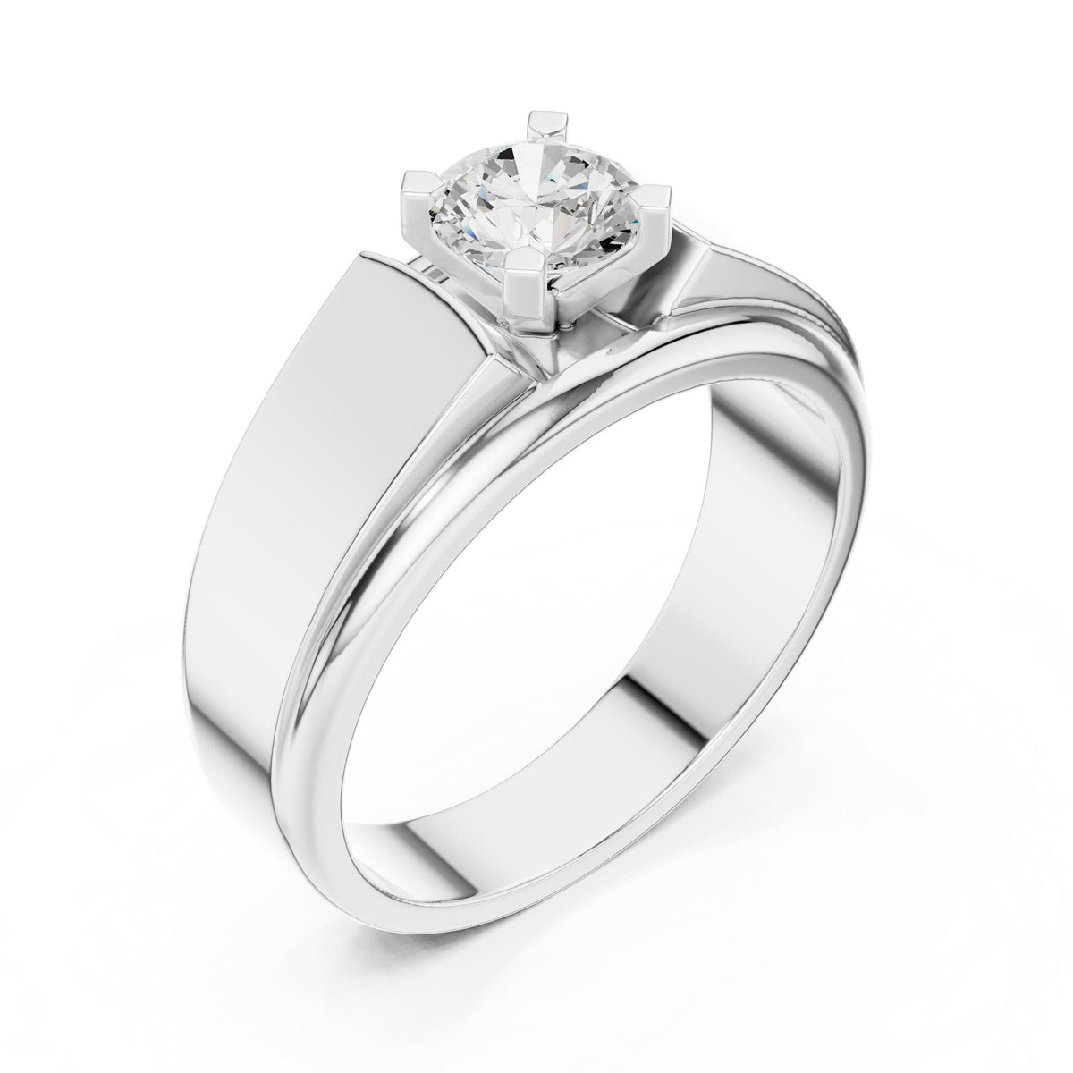 Men's Round Moissanite Four-Prong Ring, Wide Flat Band – 925 Sterling Silver, 18K Gold Vermeil