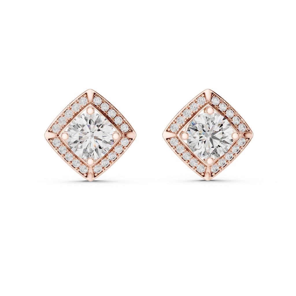 Square Halo Round Moissanite Stud Earrings – 925 Sterling Silver, 18K Gold Vermeil