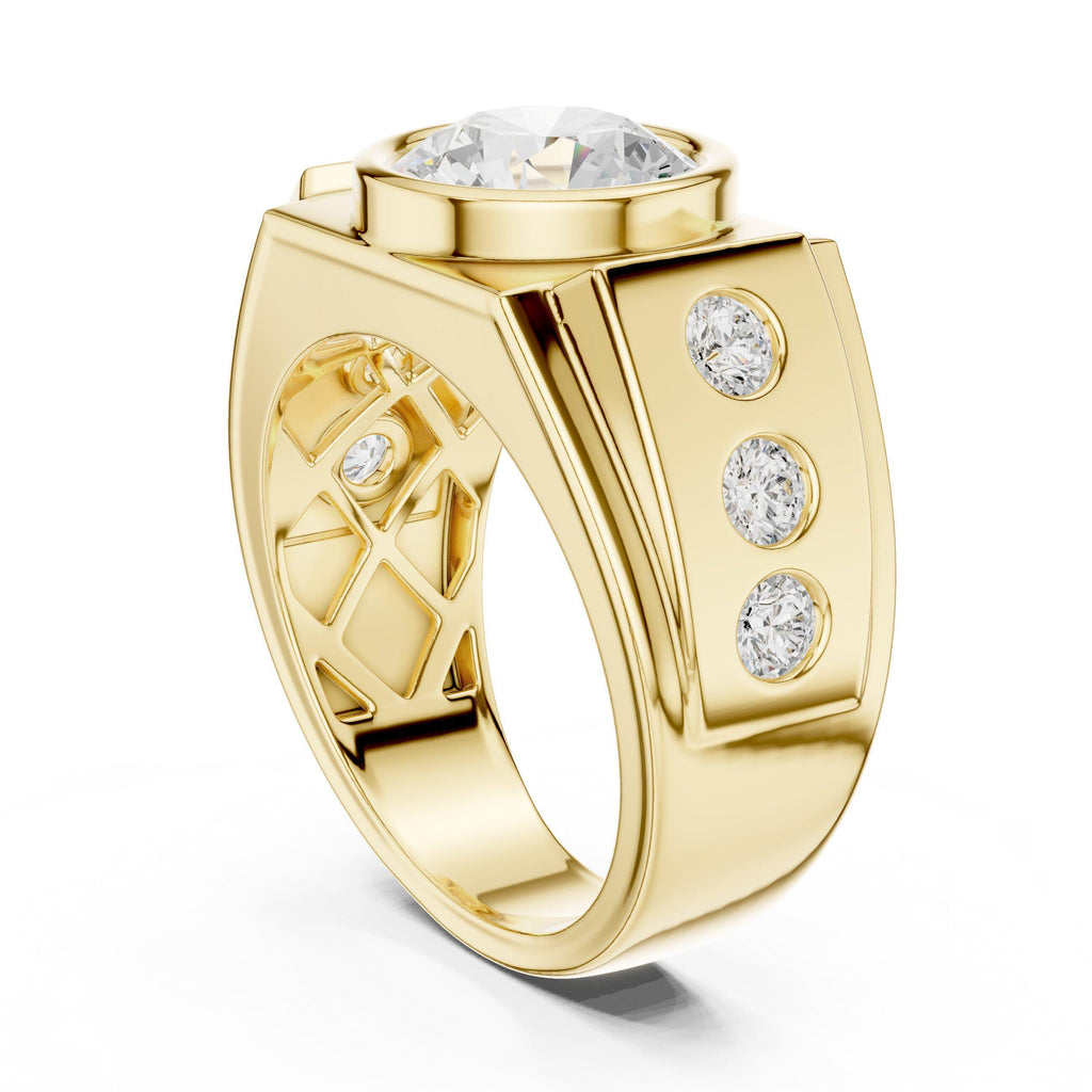 Men's Round Bezel-Set Moissanite Signet Ring with Side Stones – 925 Sterling Silver, 18K Gold Vermeil