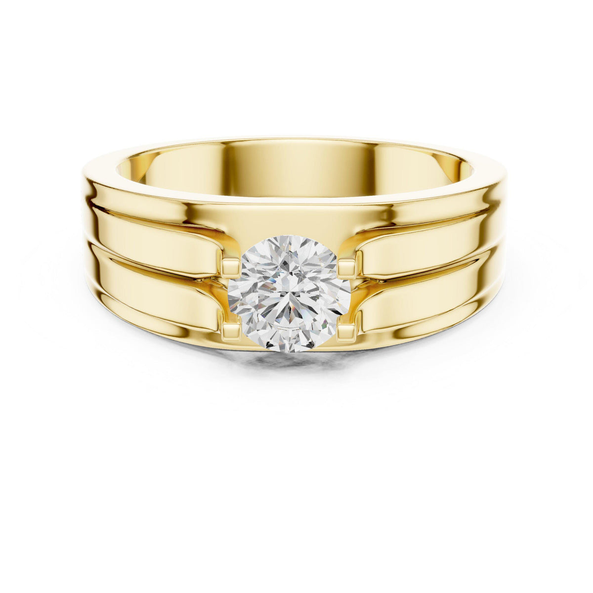 Men's Round Moissanite Ring, Double-Groove Band – 925 Sterling Silver, 18K Gold Vermeil