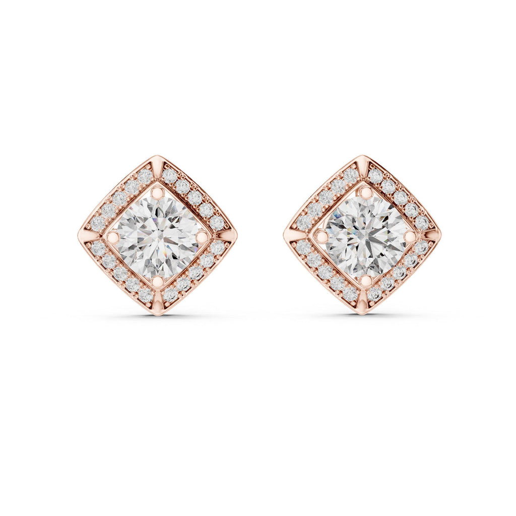 Square Halo Round Moissanite Stud Earrings – 925 Sterling Silver, 18K Gold Vermeil