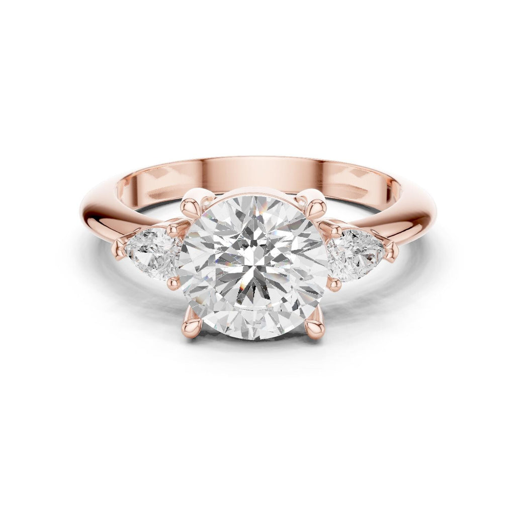Round Moissanite Three-Stone Ring with Pear Side Stones – 925 Sterling Silver, 18K Gold Vermeil
