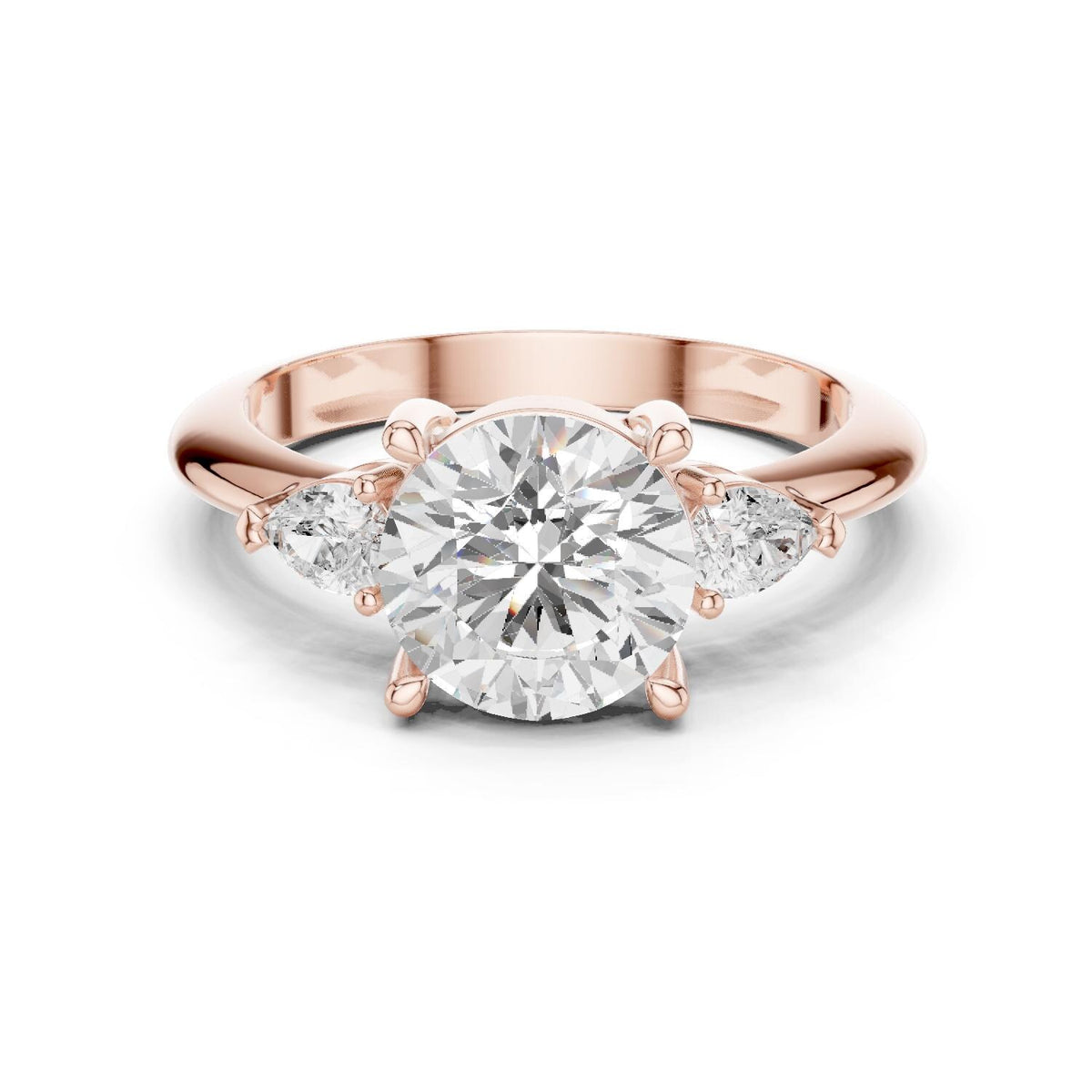 Round Moissanite Three-Stone Ring with Pear Side Stones – 925 Sterling Silver, 18K Gold Vermeil