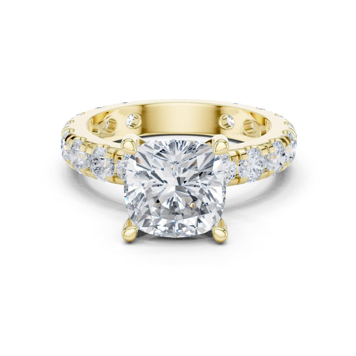 Cushion-Cut Moissanite Ring with Pavé Band – 925 Sterling Silver, 18K Gold Vermeil