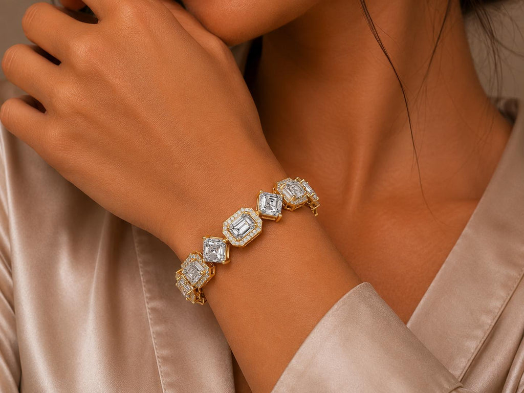 Emerald-Cut Halo Moissanite Bracelet – 925 Sterling Silver, 18K Gold Vermeil