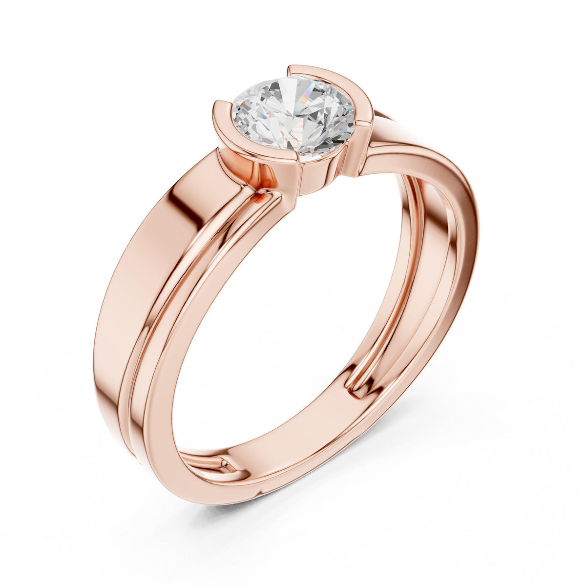 Men's Round Moissanite Solitaire Ring, Split Double Band – 925 Sterling Silver, 18K Gold Vermeil