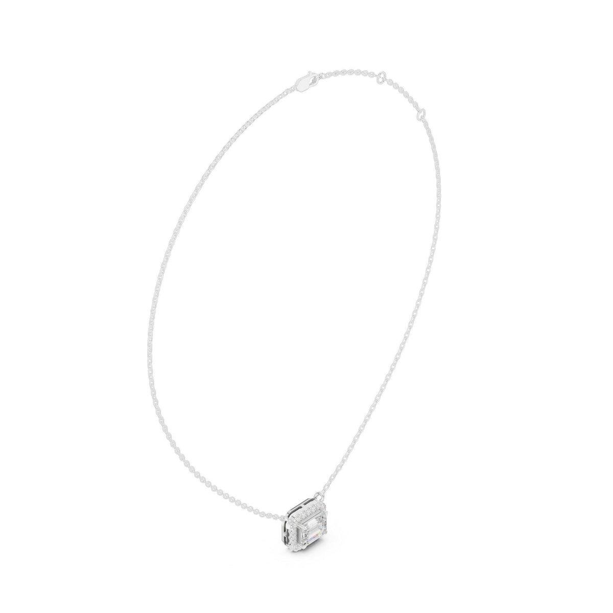 Emerald-Cut Moissanite East-West Halo Necklace – 925 Sterling Silver, 18K Gold Vermeil