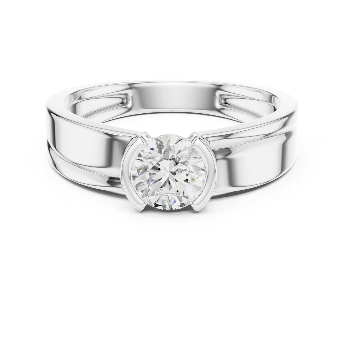 Men's Round Moissanite Solitaire Ring, Split Double Band – 925 Sterling Silver, 18K Gold Vermeil
