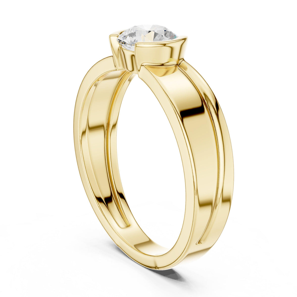 Men's Round Moissanite Solitaire Ring, Split Double Band – 925 Sterling Silver, 18K Gold Vermeil