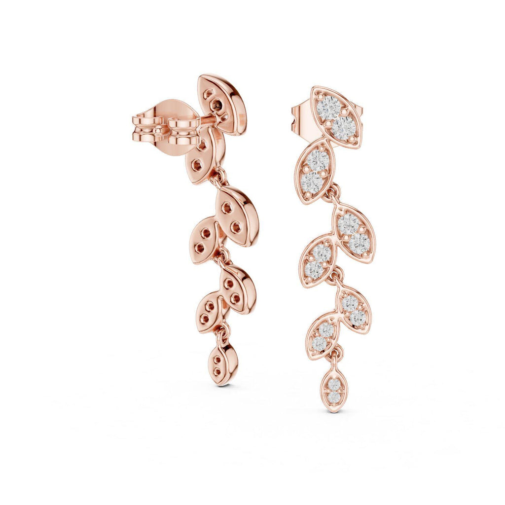 Moissanite Pavé Leaf Vine Drop Earrings – 925 Sterling Silver, 18K Gold Vermeil