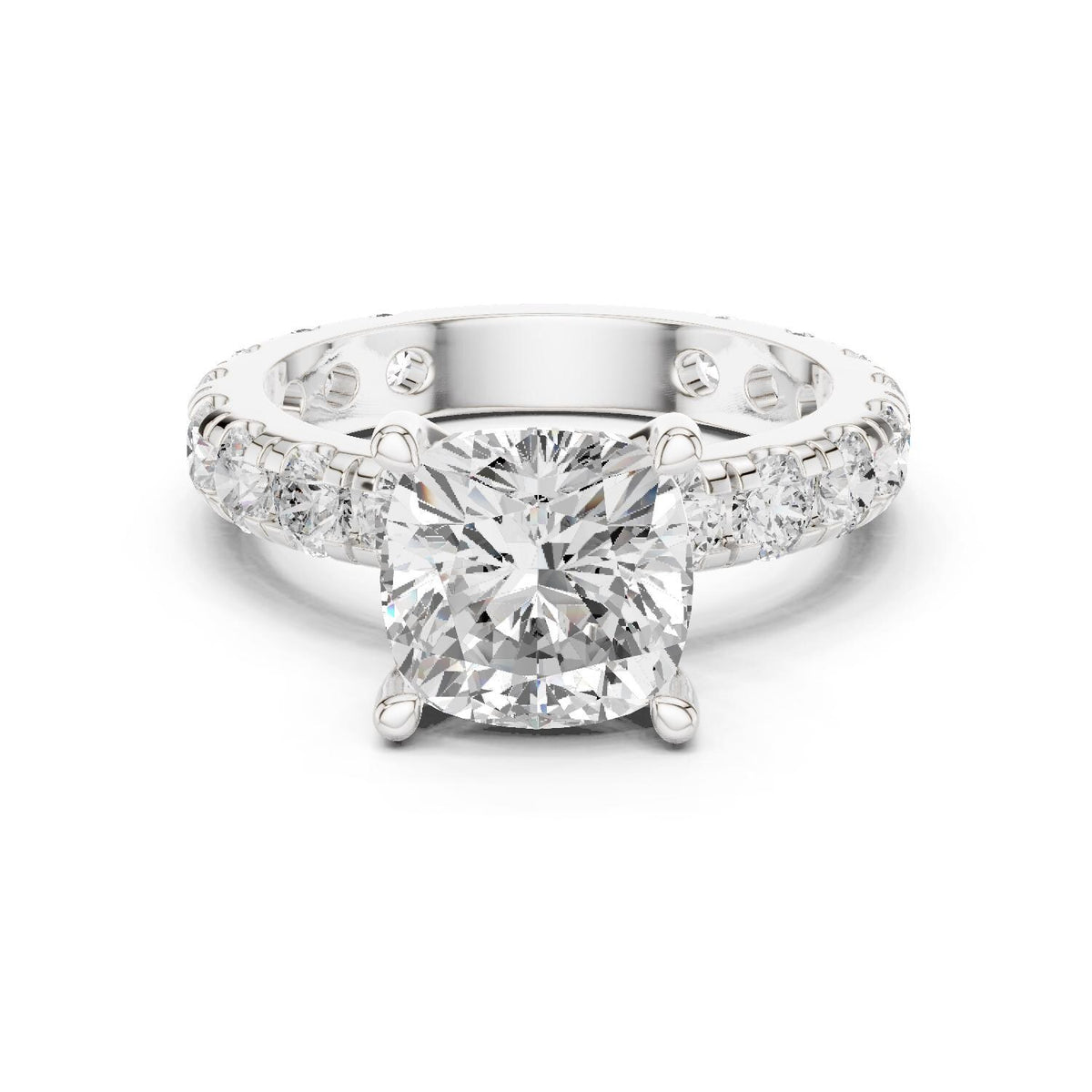 Cushion-Cut Moissanite Ring with Pavé Band – 925 Sterling Silver, 18K Gold Vermeil