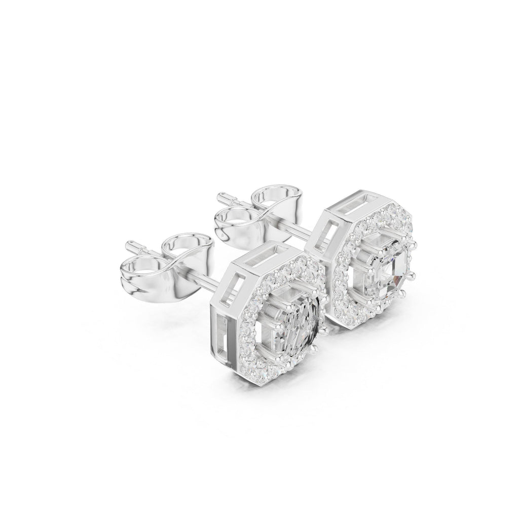 Emerald-Cut Moissanite Octagon Halo Stud Earrings – 925 Sterling Silver, 18K Gold Vermeil
