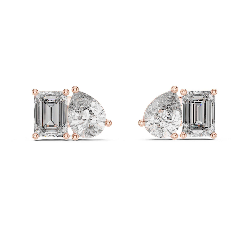 Heart & Emerald-Cut Moissanite Toi et Moi Stud Earrings – 925 Sterling Silver, 18K Gold Vermeil