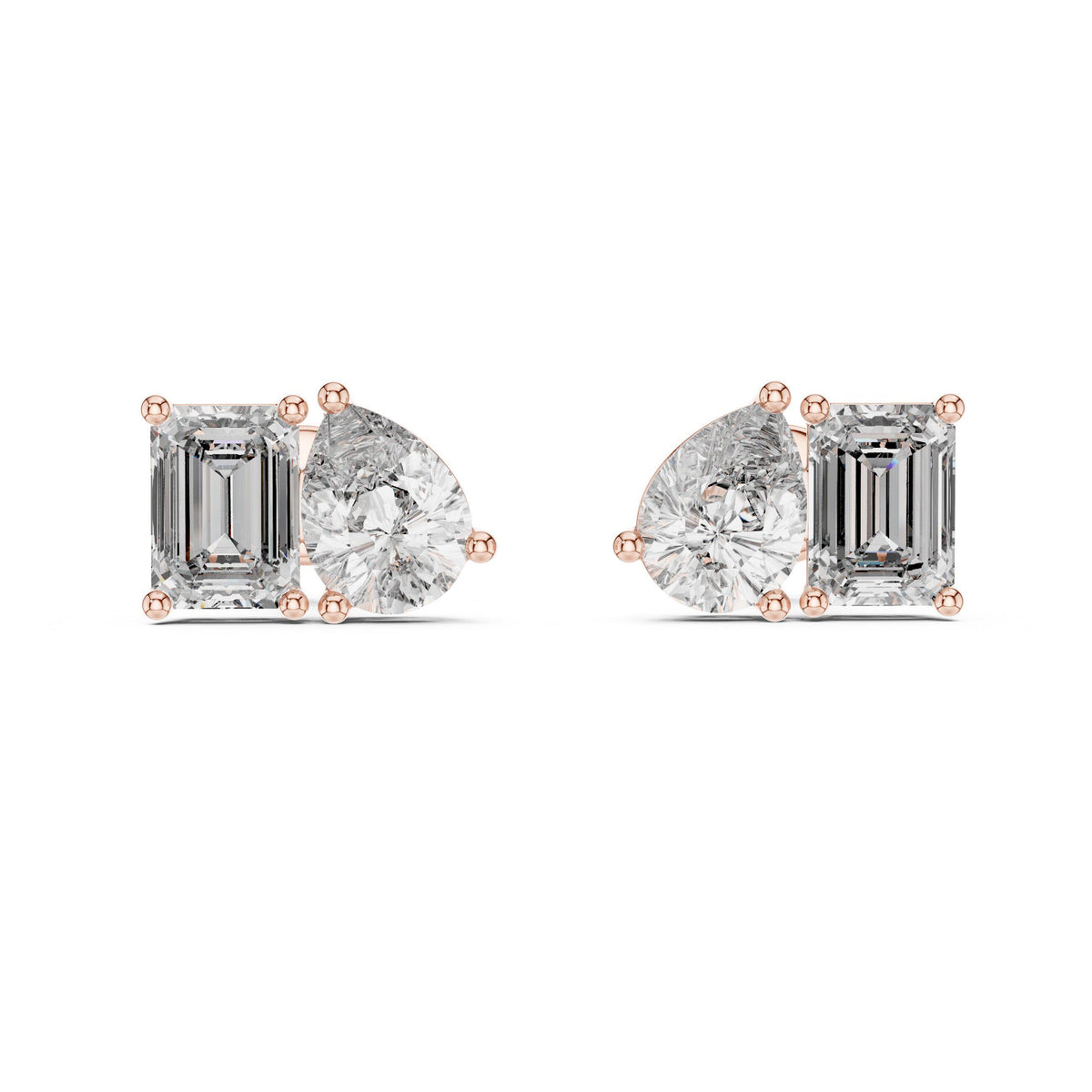 Heart & Emerald-Cut Moissanite Toi et Moi Stud Earrings – 925 Sterling Silver, 18K Gold Vermeil