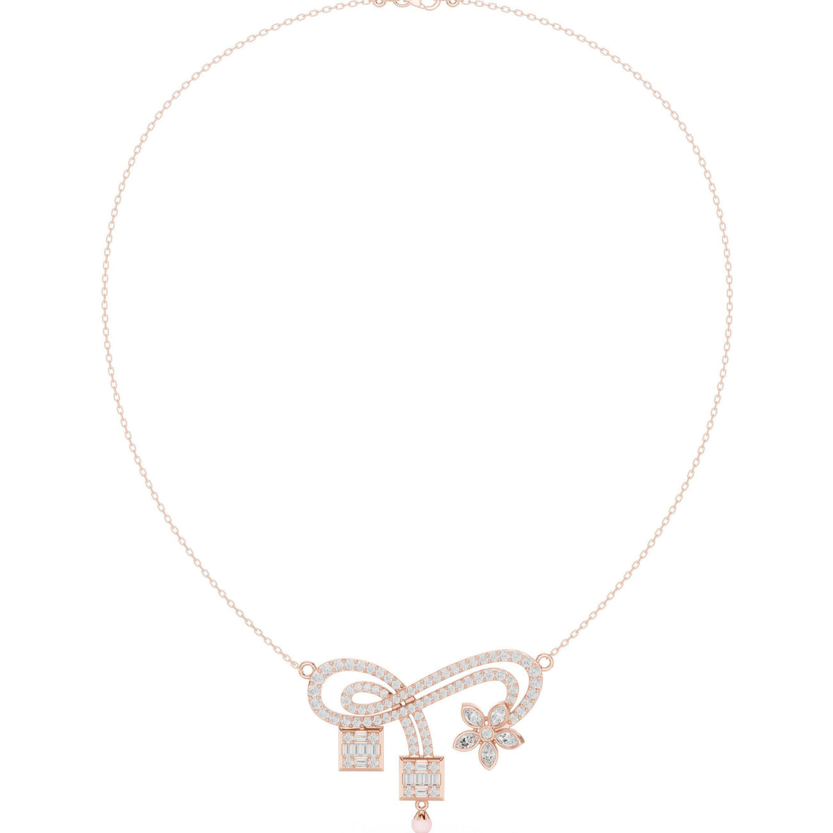 Moissanite Pavé Flower & Baguette Drop Necklace – 925 Sterling Silver, 18K Gold Vermeil