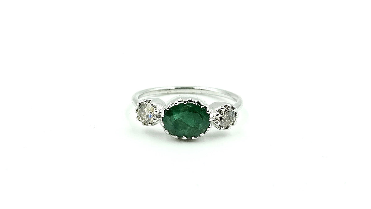 Oval Emerald Three-Stone Ring with Diamonds – 925 Sterling Silver, 18K White Gold Vermeil