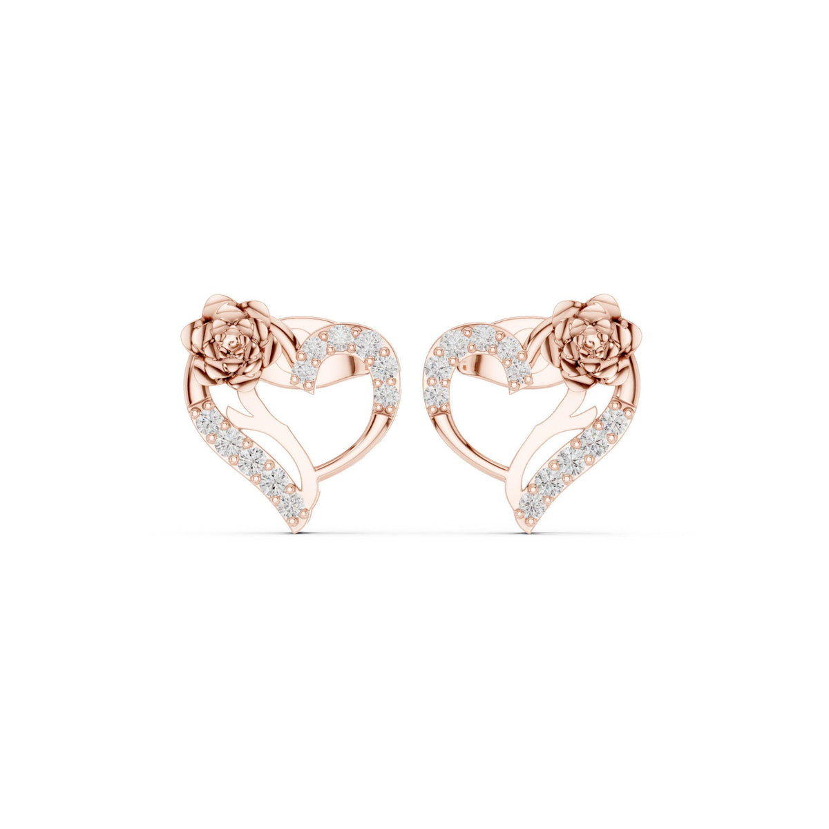 Moissanite Rose & Heart Stud Earrings – 925 Sterling Silver, 18K Gold Vermeil