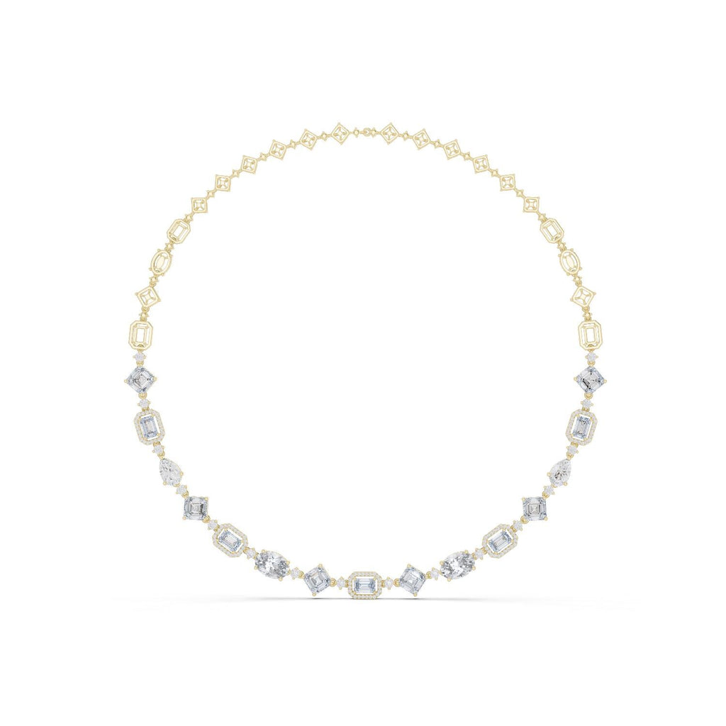 Mixed-Cut Moissanite Halo Station Necklace – 925 Sterling Silver, 18K Gold Vermeil