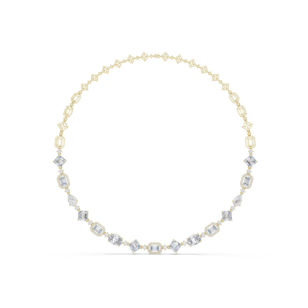 Mixed-Cut Moissanite Halo Station Necklace – 925 Sterling Silver, 18K Gold Vermeil