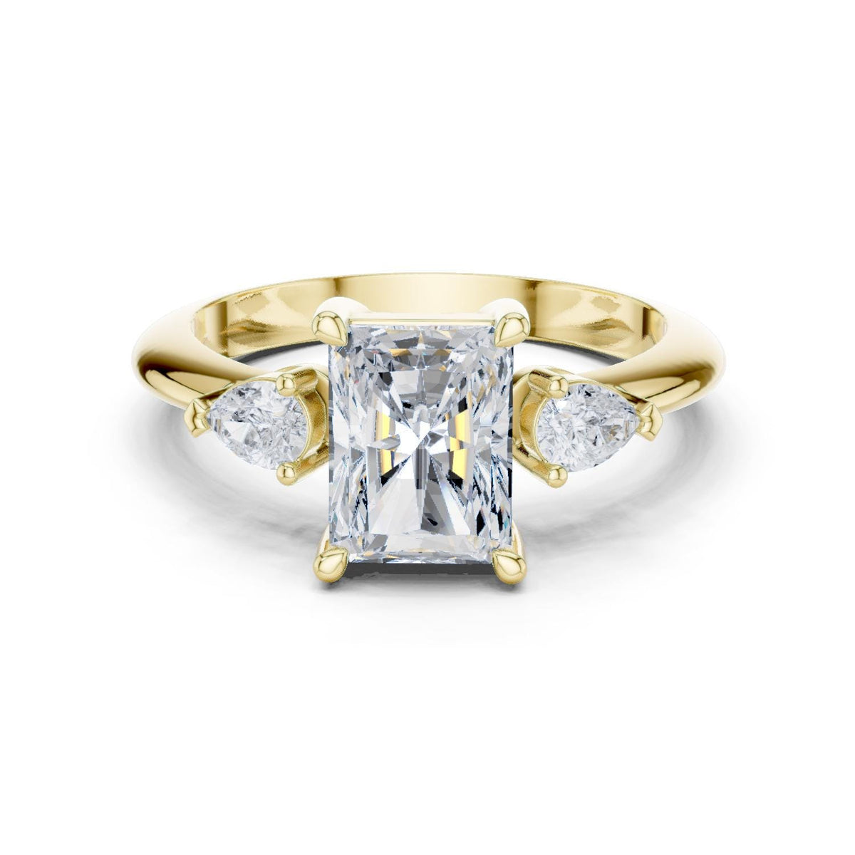 Radiant-Cut Moissanite Three-Stone Ring with Pear Side Stones – 925 Sterling Silver, 18K Gold Vermeil