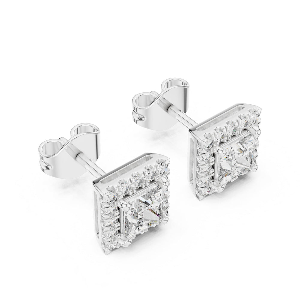 Princess Moissanite Square Halo Stud Earrings – 925 Sterling Silver, 18K Gold Vermeil