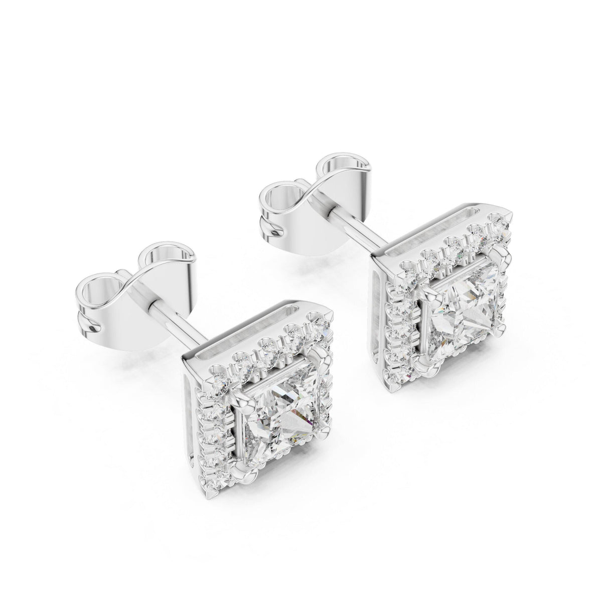 Princess Moissanite Square Halo Stud Earrings – 925 Sterling Silver, 18K Gold Vermeil