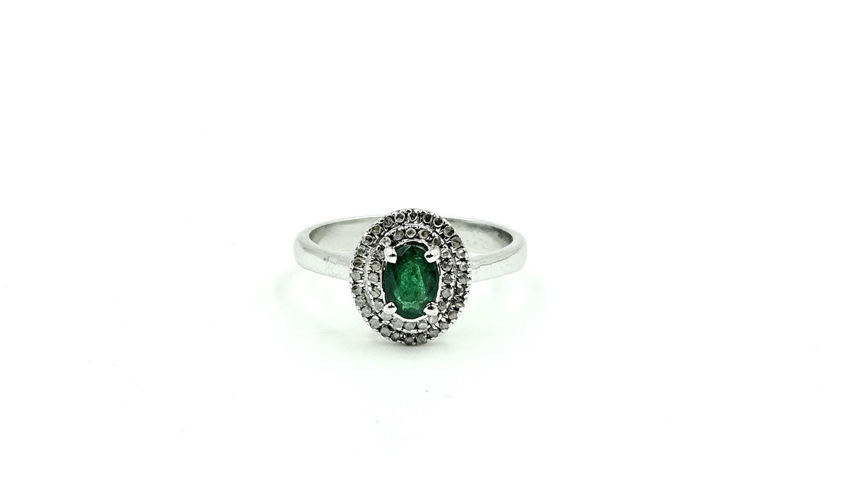 Oval Emerald Diamond-Halo Ring – 925 Sterling Silver, 18K White Gold Vermeil
