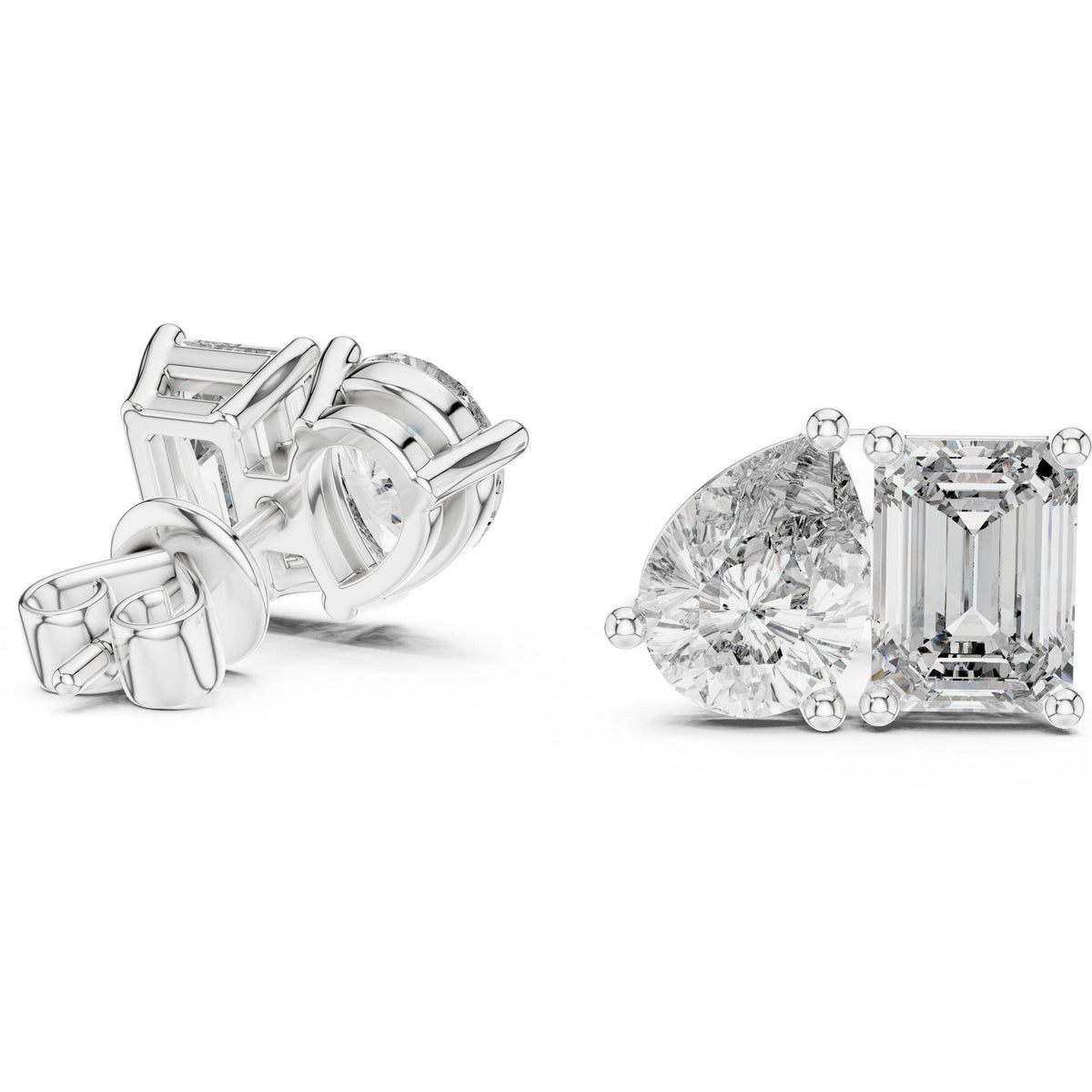 Heart & Emerald-Cut Moissanite Toi et Moi Stud Earrings – 925 Sterling Silver, 18K Gold Vermeil