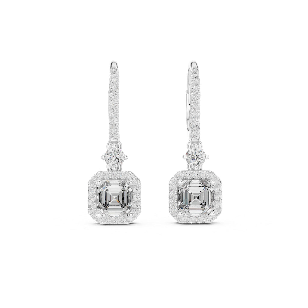 Asscher-Cut Moissanite Halo Drop Earrings – 925 Sterling Silver, 18K Gold Vermeil